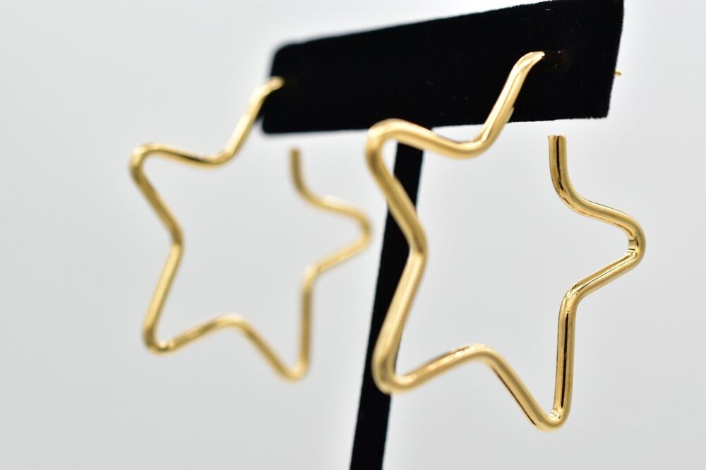 Vintage Star Hoop Earrings Gold Tone Dangle Post Pierced USA Made NOS 1980s A22